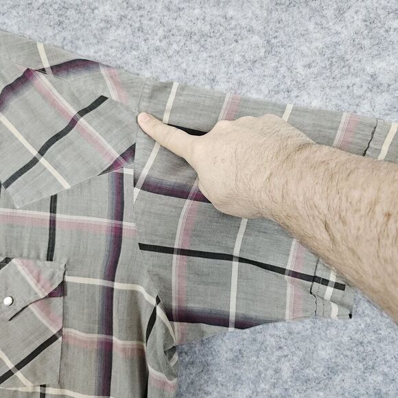 Ely Plains Men's XL Pearl Snap Short Sleeve Shirt Gray Windowpane WITH PINHOLES‎ - Picture 6 of 13